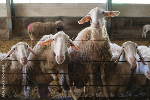 A group of sheep are confined in a pen, standing closely next to each other as they graze on hay. The animals are docile and appear well-cared for in this indoor environment. photo