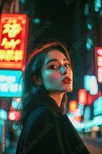 A woman gazes mysteriously in a neon-lit urban landscape at night photo