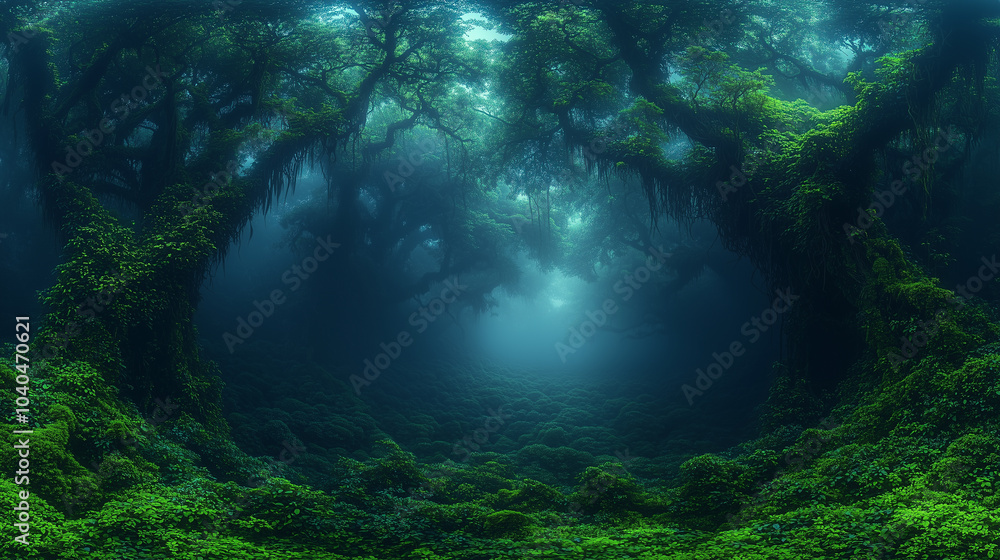 Fototapeta premium Dense, foggy rainforest at night, with trees covered in moss and vines, creating a dark and mysterious atmosphere.