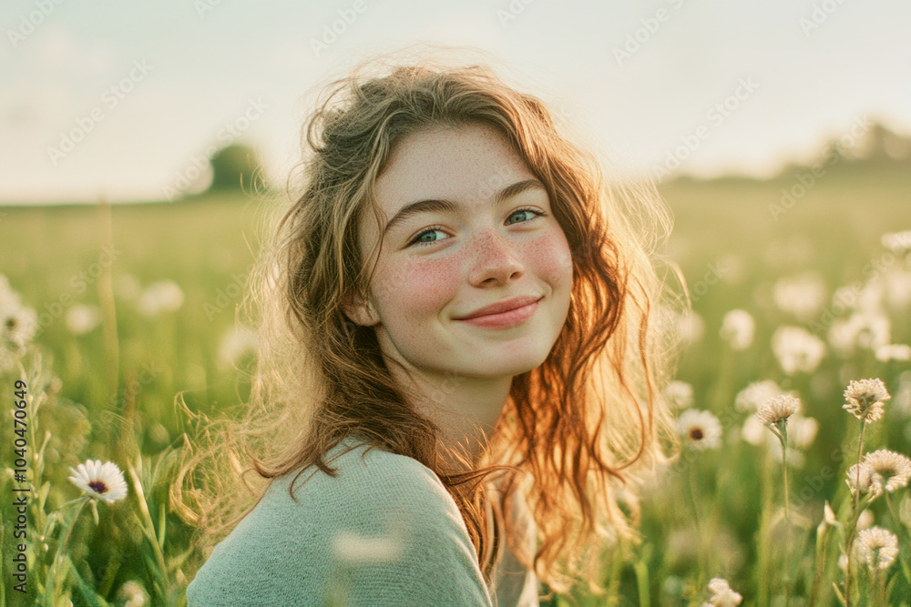 A woman smiles joyfully in a vibrant flower field, embracing the beauty of nature during golden hour A woman smiles joyfully in a vibrant flower field, embracing the beauty of nature during golden hour