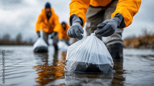 Volunteers Collecting Plastic Waste from a Polluted River