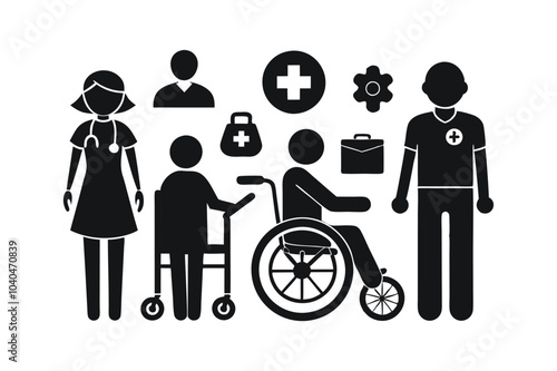 Disability people nursing and disabled health care icon vector art illustration.