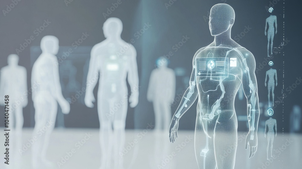Futuristic digital representation of human figures showcasing augmented reality and advanced technology in a health context. Futuristic digital representation of human figures showcasing augmented reality and advanced technology in a health context.