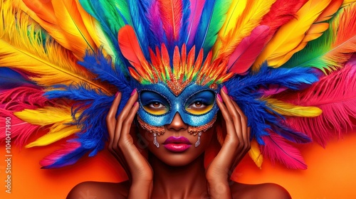 Vibrant Carnival Scene with Woman in Colorful Mask and Feathered Headdress