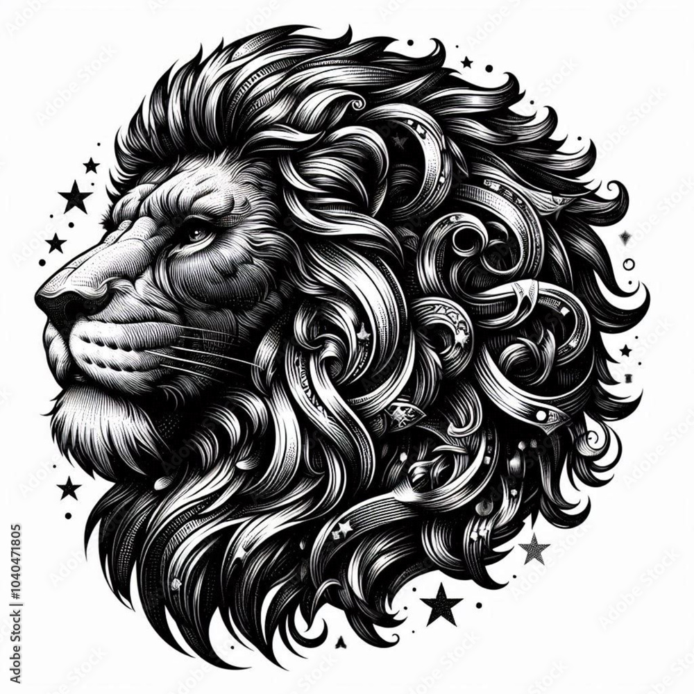 Majestic lion head, intricate mane, detailed line art, black and white illustration, flowing curls, regal expression, cosmic stars, circular composition, fierce gaze, side profile, engraving style Majestic lion head, intricate mane, detailed line art, black and white illustration, flowing curls, regal expression, cosmic stars, circular composition, fierce gaze, side profile, engraving style