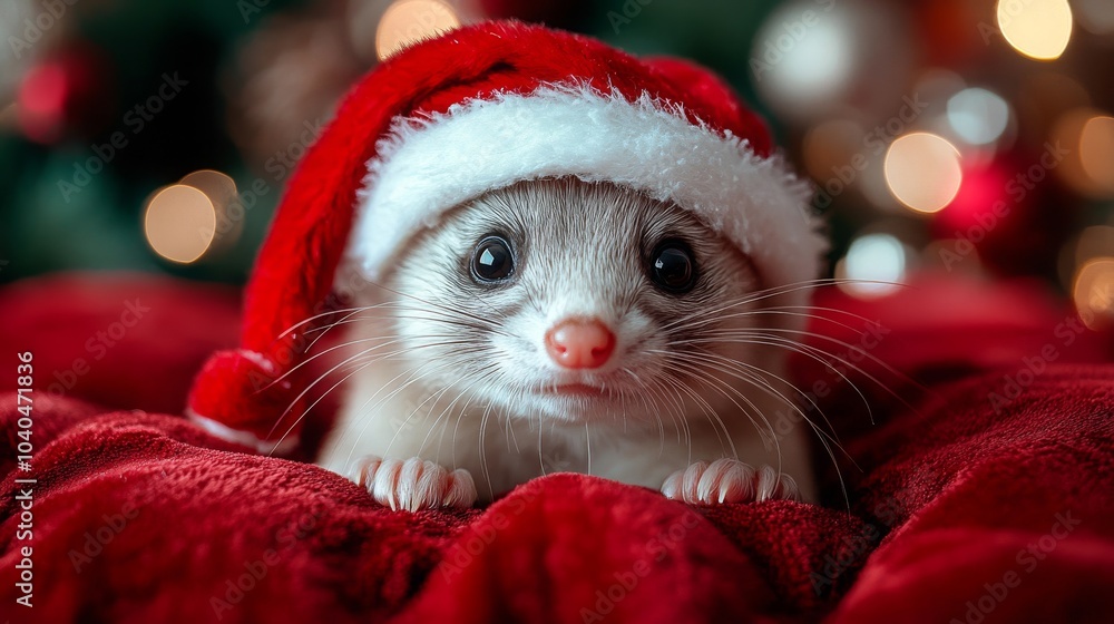 Cute ferret with white fur wearing a Santa hat poses on cozy red fabric during the holiday season Cute ferret with white fur wearing a Santa hat poses on cozy red fabric during the holiday season