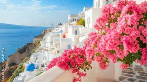 stunning aegean sea view with pink flowers and whitewashed greek architecture