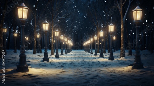 Enchanting winter scene with street lamps illuminating gentle snowflakes in a cozy atmosphere