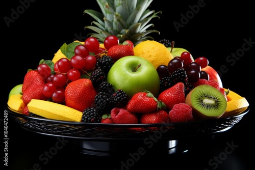 Vibrant fruit bowl featuring stylized apples, pears, and lemons against a dark background