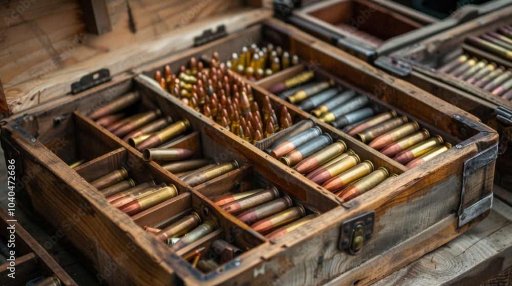 This image showcases wooden crates organized with a range of ammunition types, highlighting a historical or military theme with a rustic, vintage style presentation. This image showcases wooden crates organized with a range of ammunition types, highlighting a historical or military theme with a rustic, vintage style presentation.