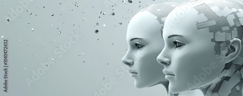 Futuristic robot heads in a surreal landscape, showcasing advanced technology and innovation in artificial intelligence.