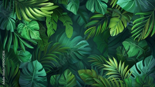 This image features a dense arrangement of various green tropical leaves, creating a lush backdrop that highlights the beauty of nature and evokes a serene feeling.