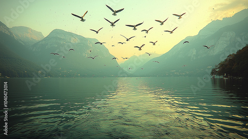 Flock of birds flying over the lake, with mountains in the background, in a vintage style.