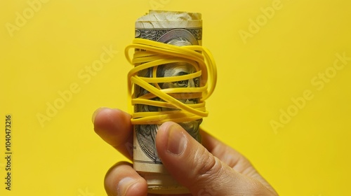 A close-up image showing a roll of dollar bills tightly wrapped with yellow rubber bands, held in a person's fingers against a bright yellow background. photo