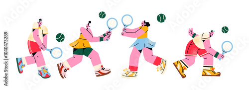 Characters playing tennis in sportswear. People doing sports with a racket in their hand and hitting the ball. Vector cartoon illustration of athletes