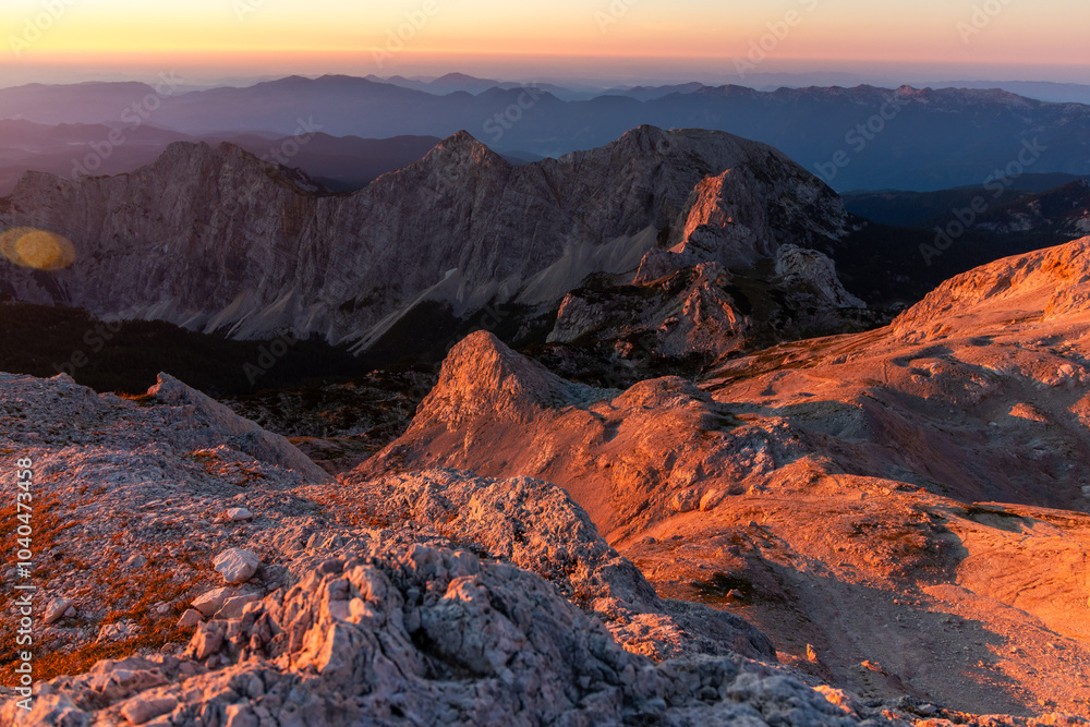 Mountains during sunrise in the Slovenian Alps Julian Alps