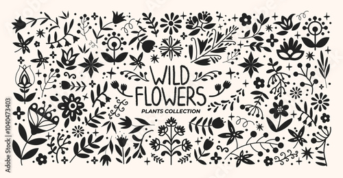 Abstract plants wood folk shapes with plants and forest elements. Ethnic folk stickers in scandinavian style. Boho silhouettes and floral patterns, doodle Scandinavian leaf folk textile pattern