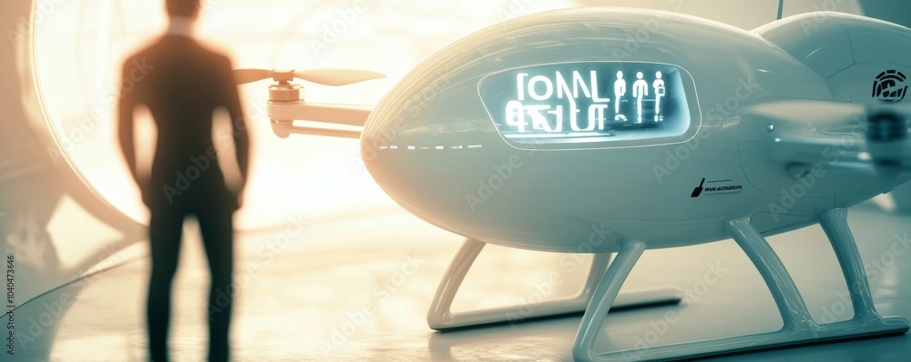 Fototapeta premium Futuristic transport concept with advanced drone technology and a silhouette of a person, symbolizing innovation and progress.