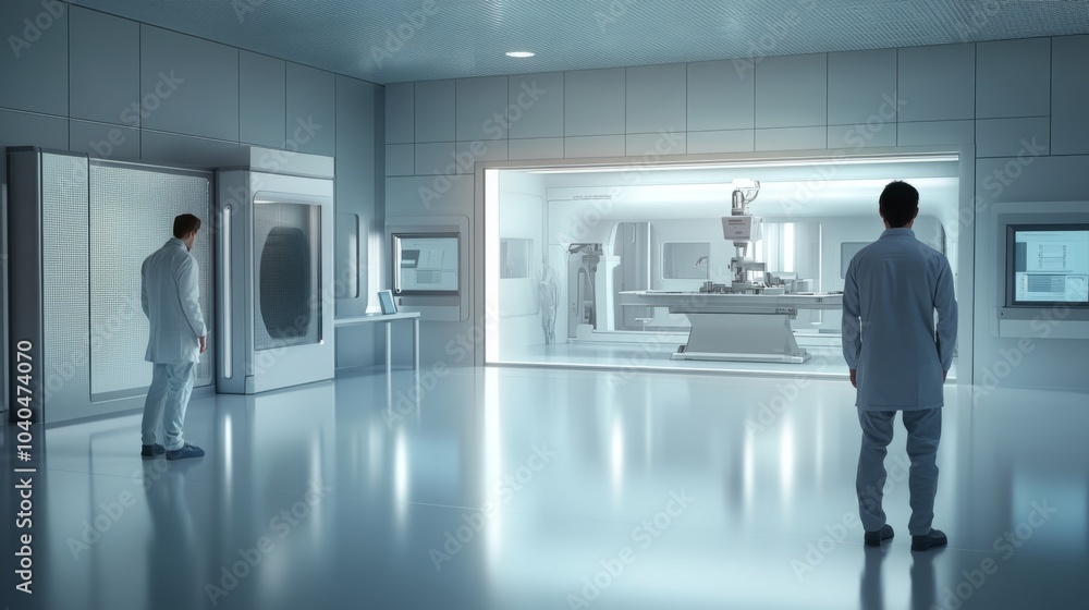 High-tech laboratory scene with scientists examining advanced machinery and equipment in a sterile environment. High-tech laboratory scene with scientists examining advanced machinery and equipment in a sterile environment.