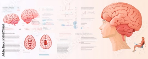 Illustration depicting the human brain, showcasing educational diagrams and anatomical features for neuroscience exploration. photo