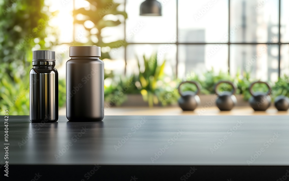A modern workspace featuring two metallic containers on a wooden table, with a backdrop of greenery and kettlebells, illuminated by soft sunlight. A modern workspace featuring two metallic containers on a wooden table, with a backdrop of greenery and kettlebells, illuminated by soft sunlight.