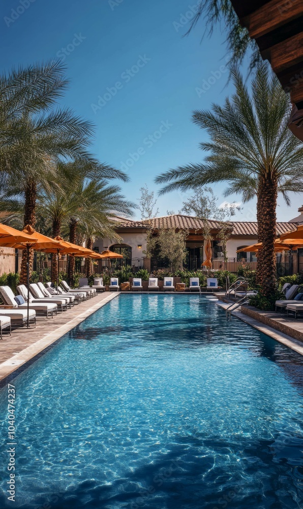 Fototapeta premium A pool with lounge chairs and palm trees.