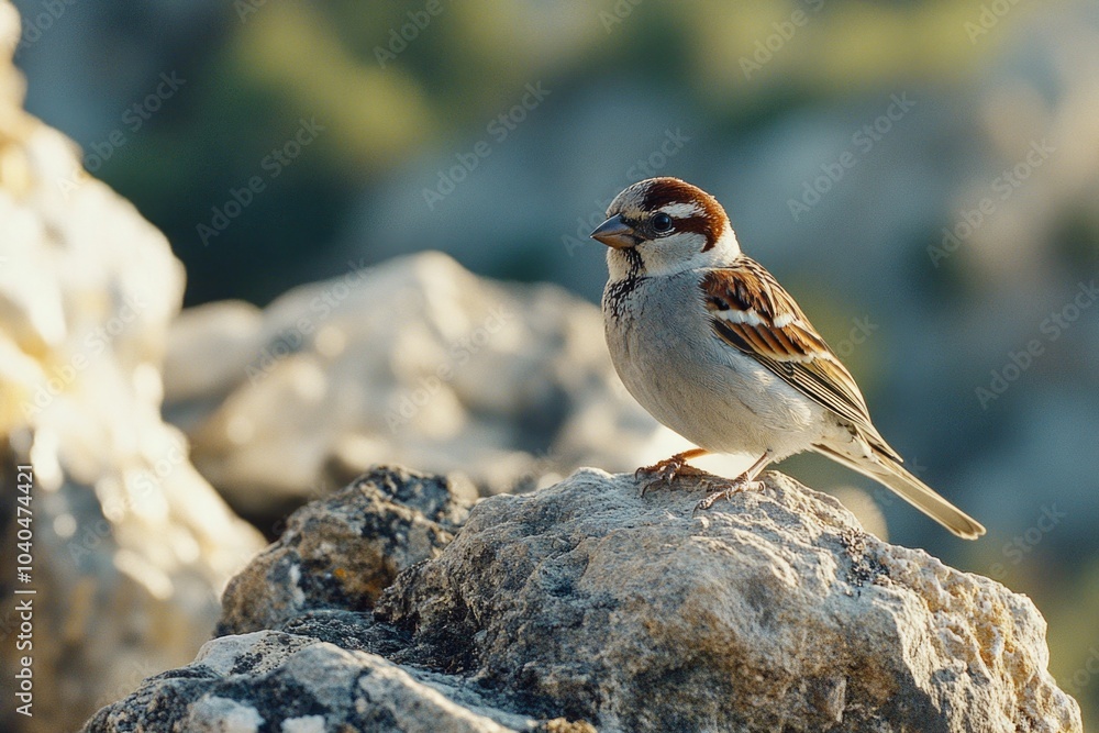Small bird on rock in sunlight Small bird on rock in sunlight