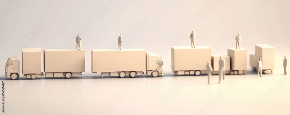 Fototapeta premium Miniature trucks and figures representing logistics, transportation, and delivery in a creative setup.