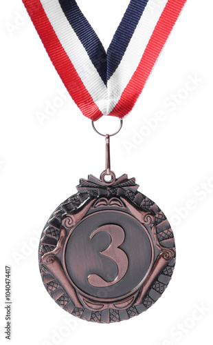 Bronze medal with striped ribbon isolated on white photo