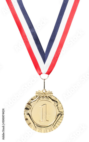 Golden medal with striped ribbon isolated on white