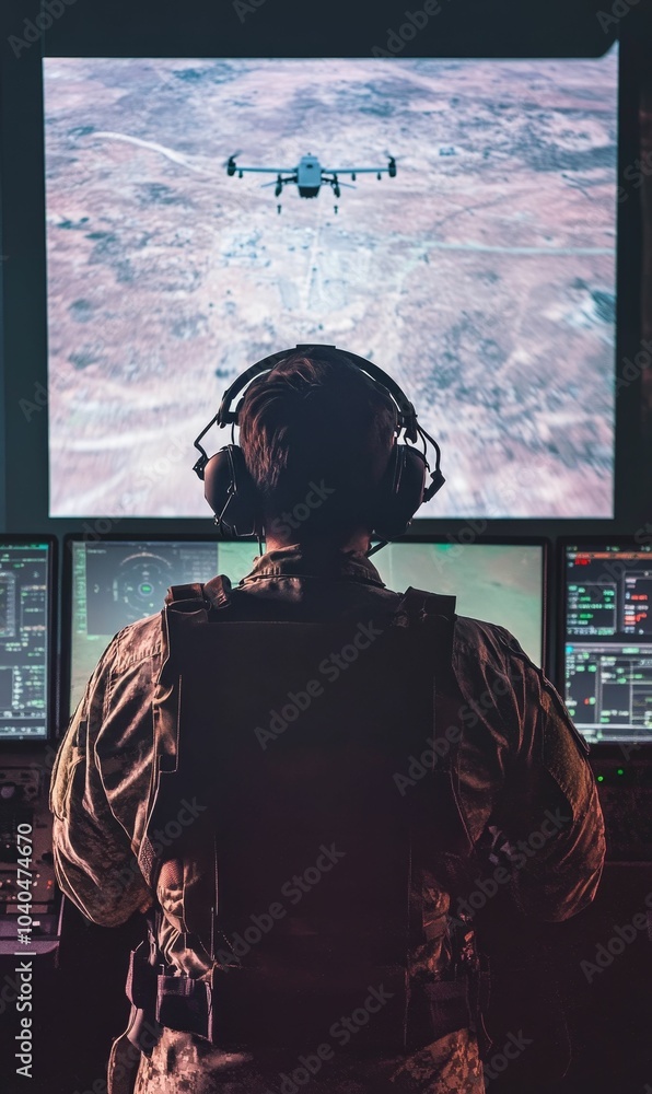 A soldier monitors a drone on a screen. A soldier monitors a drone on a screen.