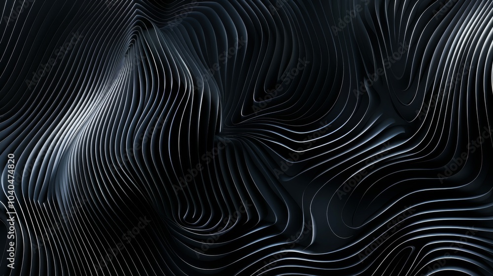 This image showcases an abstract composition of dark, undulating waves with intricately flowing lines, creating a sense of depth and movement across the surface. This image showcases an abstract composition of dark, undulating waves with intricately flowing lines, creating a sense of depth and movement across the surface.