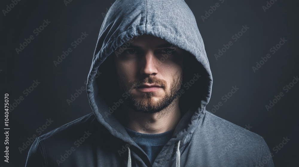 Portrait of a serious man wearing a hooded sweatshirt, set against a dark background, creating a mysterious and intense atmosphere. Portrait of a serious man wearing a hooded sweatshirt, set against a dark background, creating a mysterious and intense atmosphere.