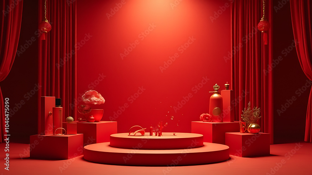 Grand red and gold podium features an oriental scene with stylish product display options. Grand red and gold podium features an oriental scene with stylish product display options.