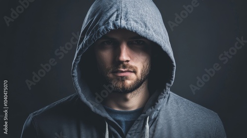 Portrait of a serious man wearing a hooded sweatshirt, set against a dark background, creating a mysterious and intense atmosphere.