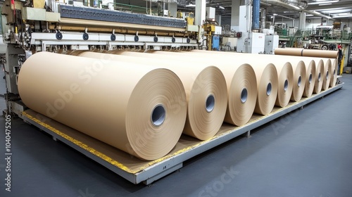 Large rolls of paper being produced in a paper mill, paper production process, industrial manufacturing