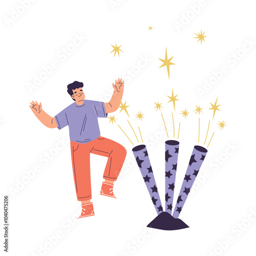 Young Boy Character Setting Off Firework Vector Illustration