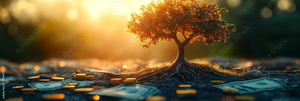 A golden-hour scene of a tree growing from a pile of coins and dollar bills, symbolizing wealth, investment, and financial growth. A golden-hour scene of a tree growing from a pile of coins and dollar bills, symbolizing wealth, investment, and financial growth.