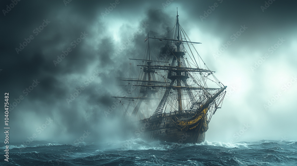 Ghost ship sailing through the stormy sea, with an eerie and mysterious atmosphere. Ghost ship sailing through the stormy sea, with an eerie and mysterious atmosphere.