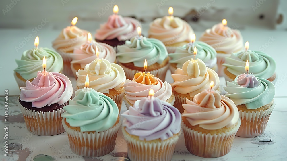 A dozen cupcakes arranged in a circle, decorated with pastel-colored frosting and birthday candles glowing in a warm light. A dozen cupcakes arranged in a circle, decorated with pastel-colored frosting and birthday candles glowing in a warm light.