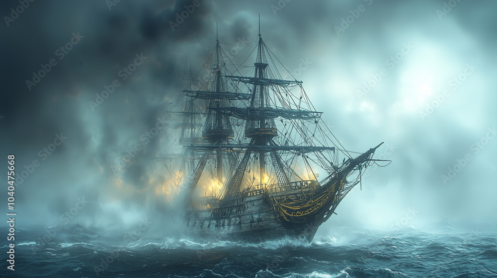 Ghost ship sailing through the stormy sea, with an eerie and mysterious atmosphere. Ghost ship sailing through the stormy sea, with an eerie and mysterious atmosphere.