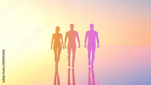 Silhouetted figures walk towards a vibrant horizon, symbolizing unity, hope, and the journey ahead in a colorful setting.