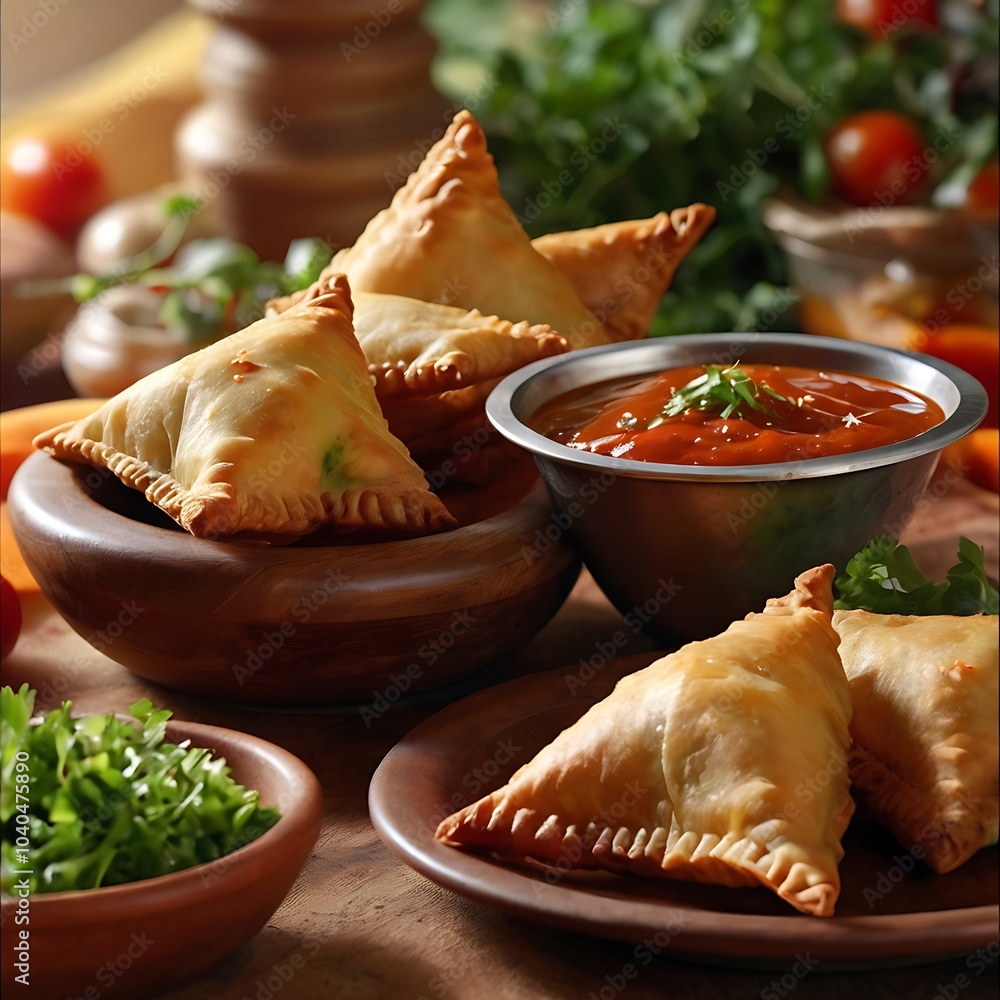 Samosas assortment with Tomato Sauce with some salad served Samosas assortment with Tomato Sauce with some salad served