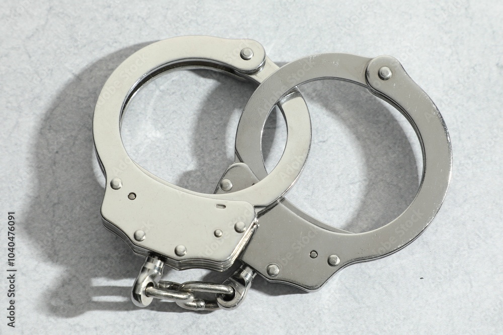 Metal chain handcuffs on light grey table, closeup Metal chain handcuffs on light grey table, closeup