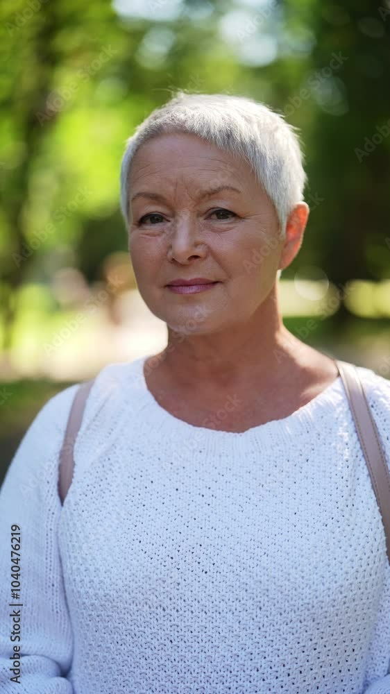 Vertical portrait of beautiful elderly woman with short gray hair finding tranquility and energy in summer green park on sunny day, smiling looking at camera, radiating peace and vitality, slow motion Vertical portrait of beautiful elderly woman with short gray hair finding tranquility and energy in summer green park on sunny day, smiling looking at camera, radiating peace and vitality, slow motion