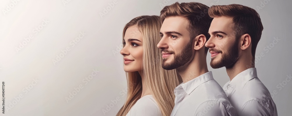 Three young people pose side by side, showcasing diverse hairstyles and expressions against a minimalistic backdrop. Three young people pose side by side, showcasing diverse hairstyles and expressions against a minimalistic backdrop.