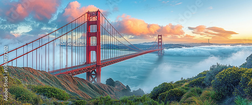 Golden Gate Bridge at sunrise, San Francisco Bay Area, California, USA.
