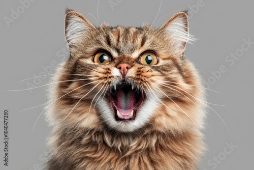 Portrait of a long haired cat yelling with wide open mouth