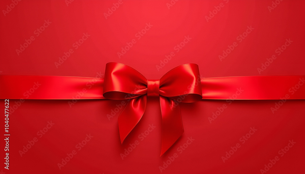 Bright red satin bow with a ribbon on a soft pink background, perfect for gift wrapping.