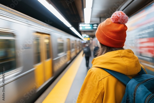 In the heart of a busy subway station, a woman remains composed while the rush hour crowd flows around her in a blur.